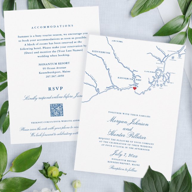 Kennebunkport All-in-One QR Code UAWG Wedding Einladung (These double sided Kennebunkport Wedding invitations save paper and stamps with a QR code RSVP)