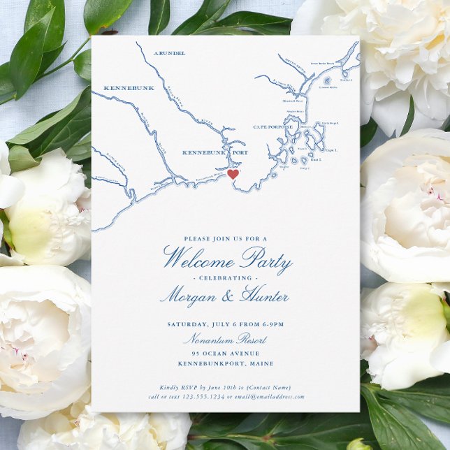 Kennebunkport Maine Elegant Wedding Welcome Party Einladung (Kennebunkport Maine Wedding Welcome Party Invitations with elegant navy blue map )