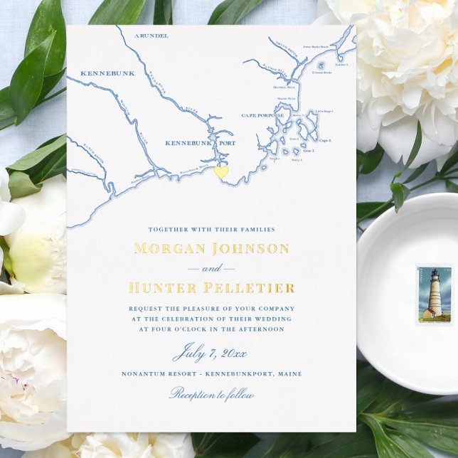 Kennebunkport Maine Wedding Elegant Navy und Gold Folieneinladung (Kenenbunkport Maine Gold Foil Navy Blue Map Wedding Invitations by Coastal Map Designs)