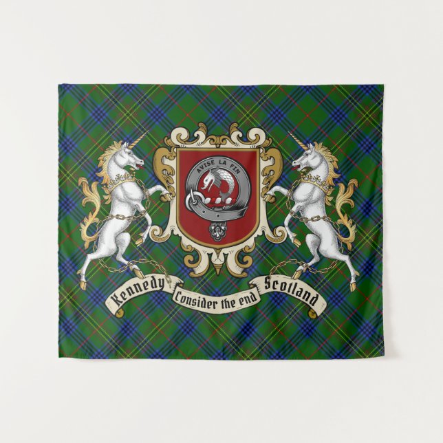 Kennedy Clan Abzeichen & Unicorns w/Tartan Wandteppich (Vorderseite (Horizontal))