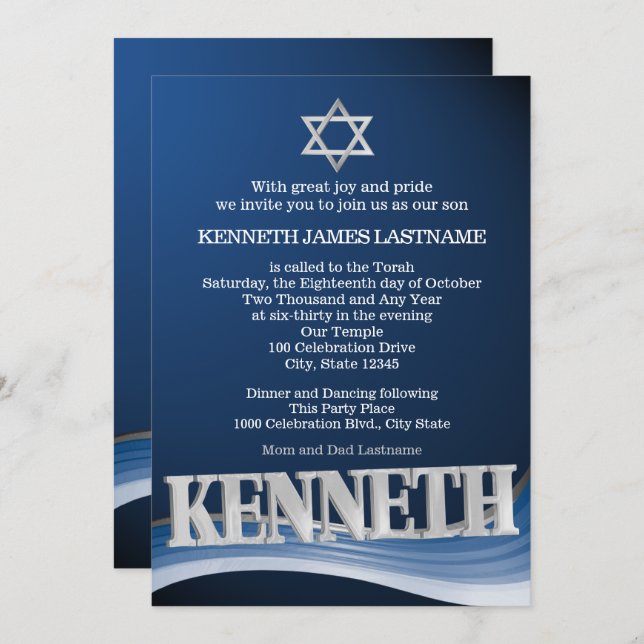 Kenneth Steel Wave Name Bar Mitzvah Einladung (Vorne/Hinten)