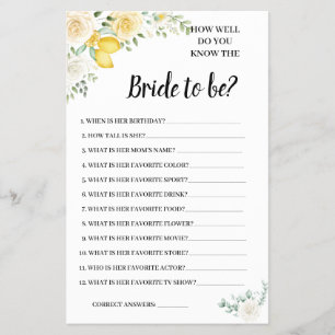 Kennst du die Bride Lemon&Rose Shower Game Card? Flyer