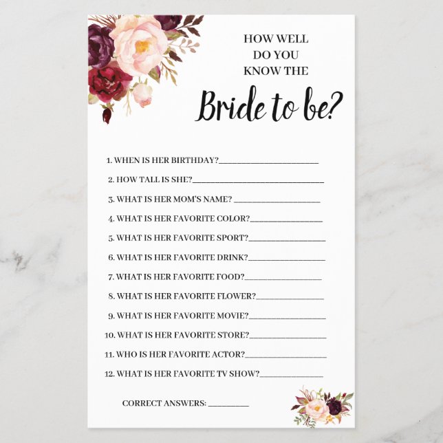 Kennst du die Bride Marsala Shower Game Card? Flyer (Vorne)