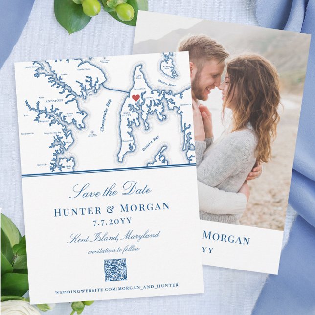 Kent Island Maryland Hochzeit in Urlaubsort QR-Cod Save The Date (These elegant Kent Island Maryland destination wedding Save the Dates feature a QR code and photo)
