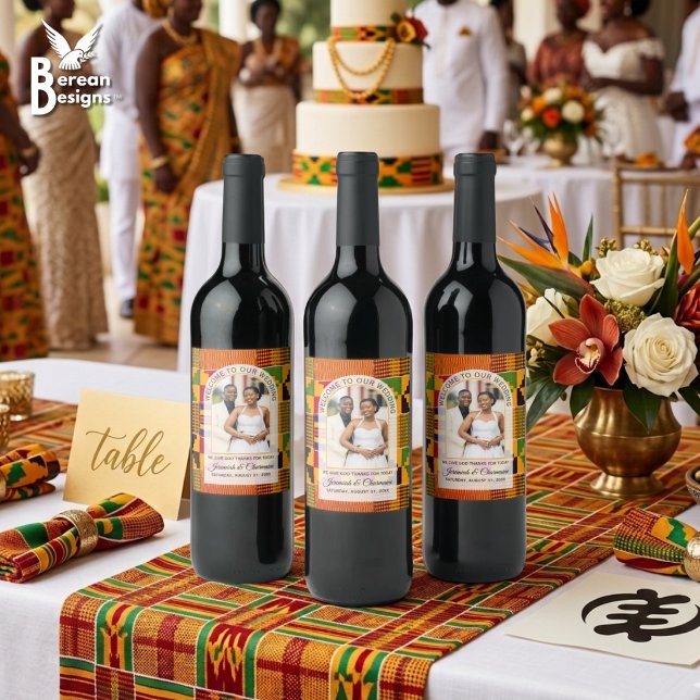 Kente Foto Benutzerdefinierter Name HOCHZEIT Weinetikett (These elegant Kente photo wine labels will elevate your wedding table presentation! )