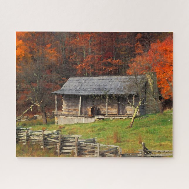 Kentucky Country Kabine Herbst Saison Wasserfarbe  Puzzle (Horizontal)