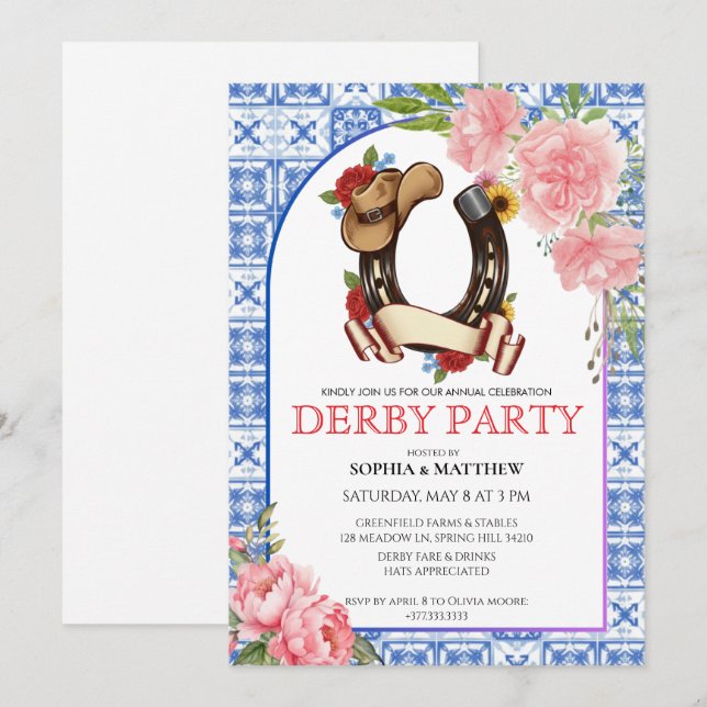 Kentucky Derby Wedding Invitation Floral Blue Einladung (Vorne/Hinten)