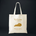 Kentucky Map Wedding Welcome Bag, Gold Tragetasche<br><div class="desc">Hochzeitswochenende Begrüßungsgeschenktasche für Gäste,  die außerhalb der Stadt wohnen,  um Ihre Hochzeit zu feiern,  mit dem Bild von Kentucky,  mit dem Herzen,  das Sie an der genauen Stelle platzieren können. Fülle die Tasche mit deinen Lieblingsgoodies.</div>