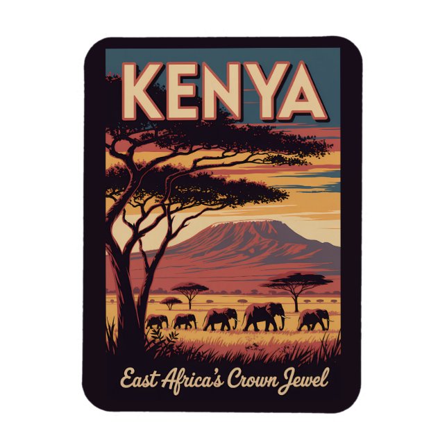 Kenya Elephants Illustration Travel Art Vintage Magnet (Vertikal)