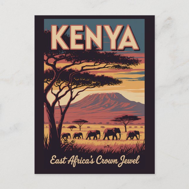 Kenya Elephants Illustration Travel Art Vintage Postkarte (Vorderseite)