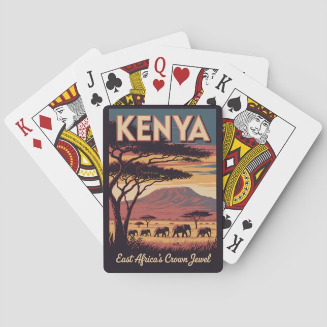 Kenya Elephants Illustration Travel Art Vintage Spielkarten (Rückseite)