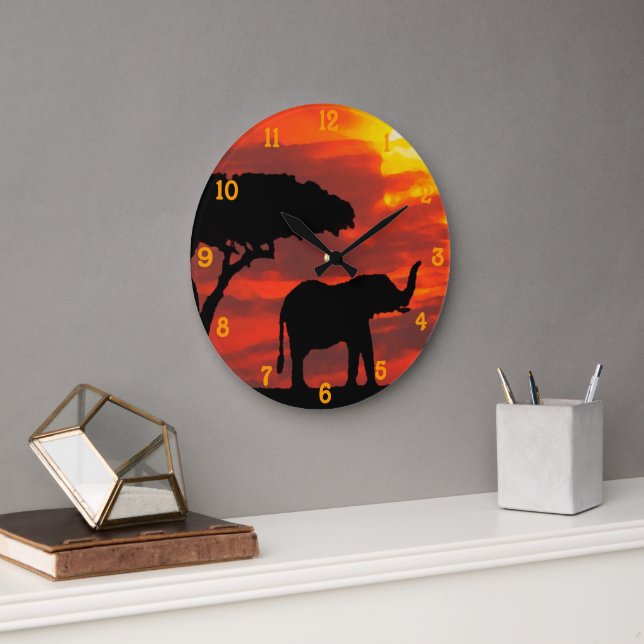 Kenya Safari Elephant Wildlife Sunset Watercolor Große Wanduhr (Büro)