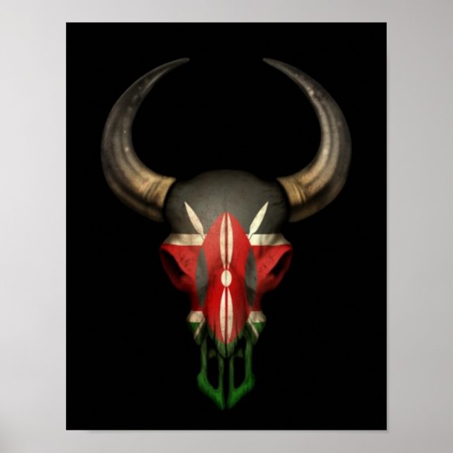 Kenyan Flag Bull Skull on Black Poster (Vorne)