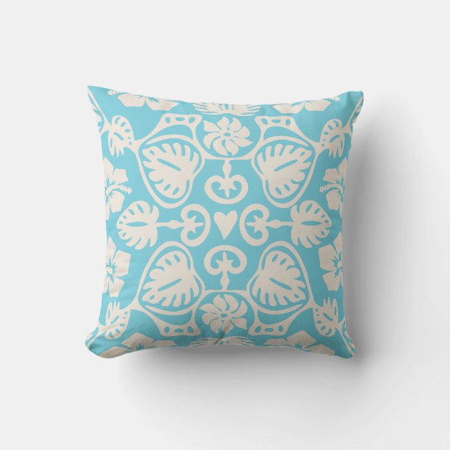 Keoni Hawaiian Monstera Leaf Damask Aqua Kissen (Vorderseite)