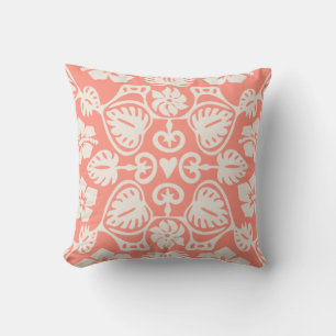 Keoni Hawaiian Monstera Leaf Damask Coral Kissen