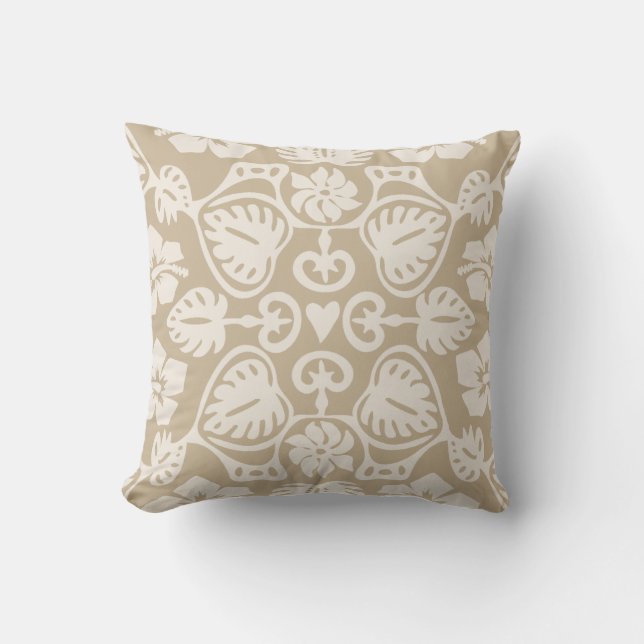 Keoni Hawaiian Monstera Leaf Damask Taupe Kissen (Vorderseite)