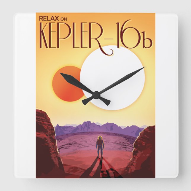 Kepler-16b: Binary Solar Sunset Fine Art Space Quadratische Wanduhr (Vorderseite)