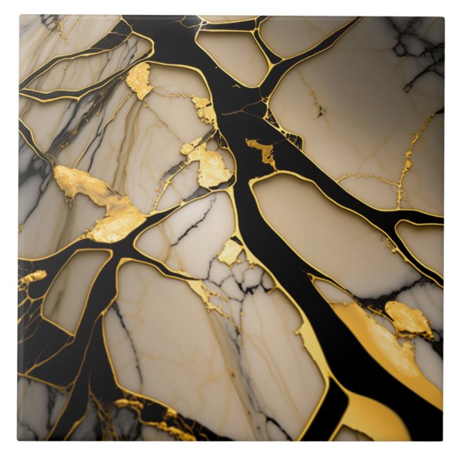 Keramik aus Goldmarmor Tile Black Crystal Veins Fliese (Vorderseite)