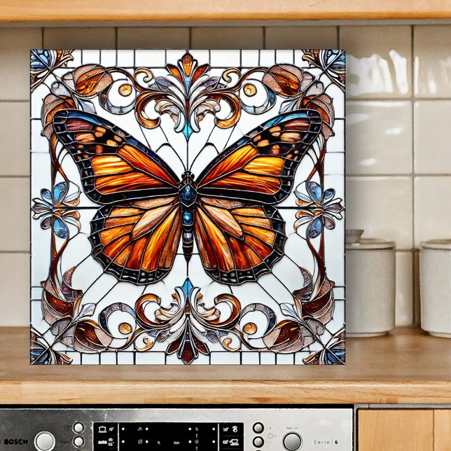 Keramik aus Hartglas Fliese (Tile featuring a stained glass or leaded glass style design with a colorful butterfly)