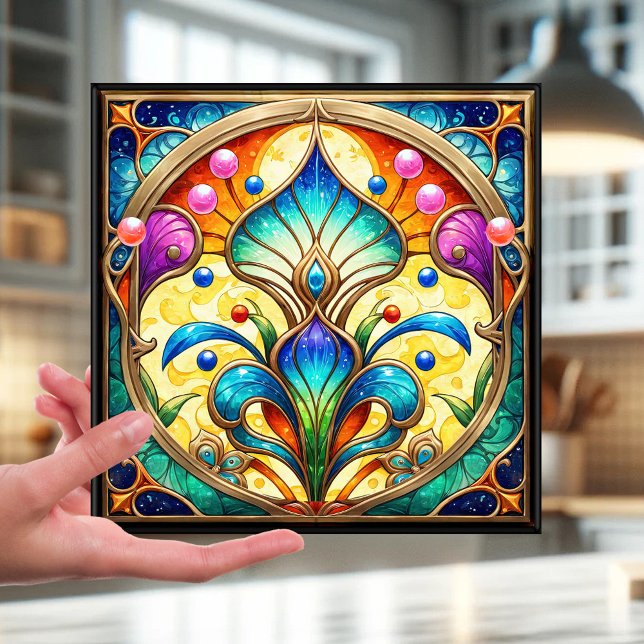 Keramik aus Hartglas Fliese (Tile featuring a stained glass or leaded glass style design with a colorful art deco flower)
