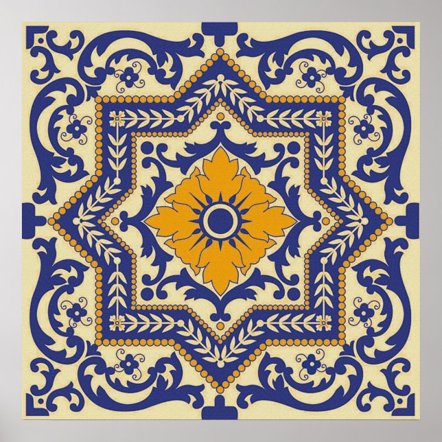Keramik Azulejo Style Blue Orange Poster (Vorne)