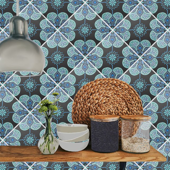 Keramik Blau und grün wiederholt sich Muster Fliese (Blue and black tile shown on kitchen backsplash.)