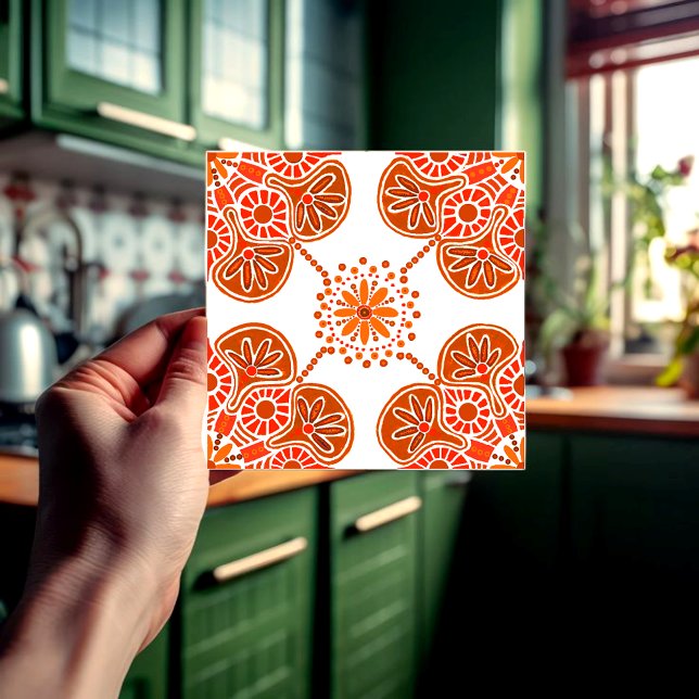 Keramik für Küche oder Bad, rotes Design Fliese (Orange and white geometric repeating tile for the kitchen.)