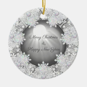 Keramik Grau & Schneeflocken Ornament