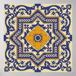 Keramik im Azulejo-Stil Blau Orange Poster