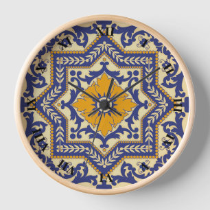Keramik im Azulejo-Stil Blau Orange Uhr