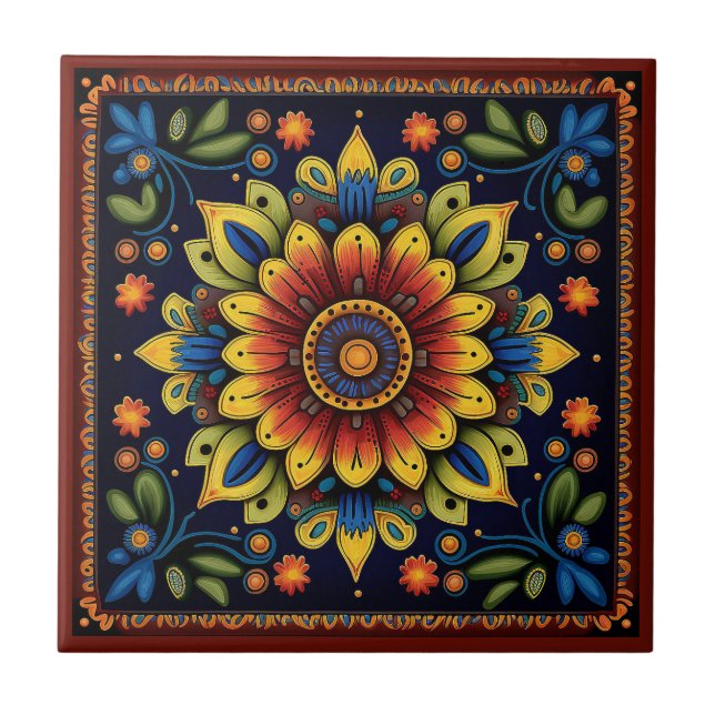 Keramik im mexikanischen Huichol-Stil Blume 11/12 Fliese (Vorderseite)
