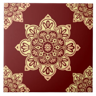 Keramik Kachel, gelbe Medaille auf Maroon Fliese