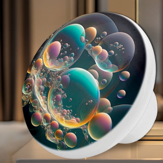 Keramik-Knoblauch Keramikknauf (Ceramic Knob for Bathroom - Iridescent Teal, Pink, Yellow, Purple and Black Bubbles)