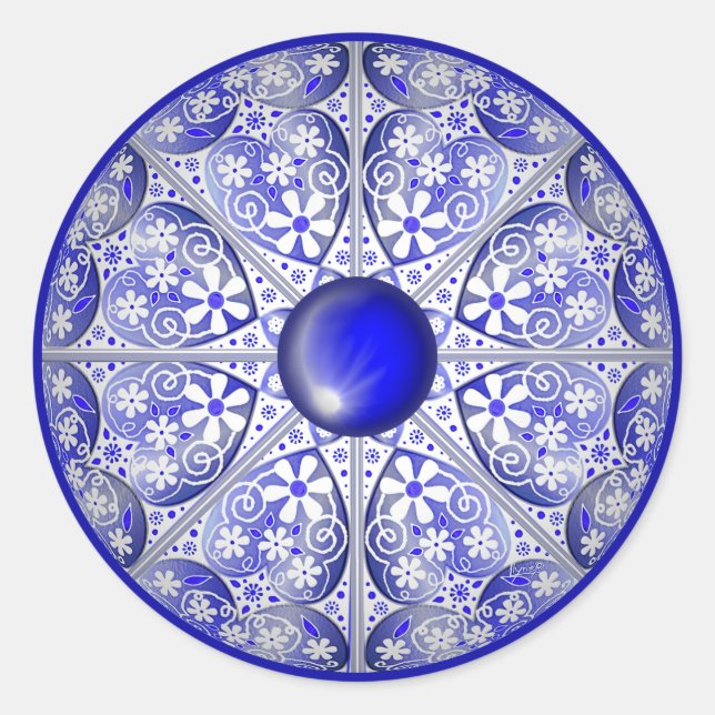 Keramik Lace Blue of Greece Runder Aufkleber (Vorderseite)