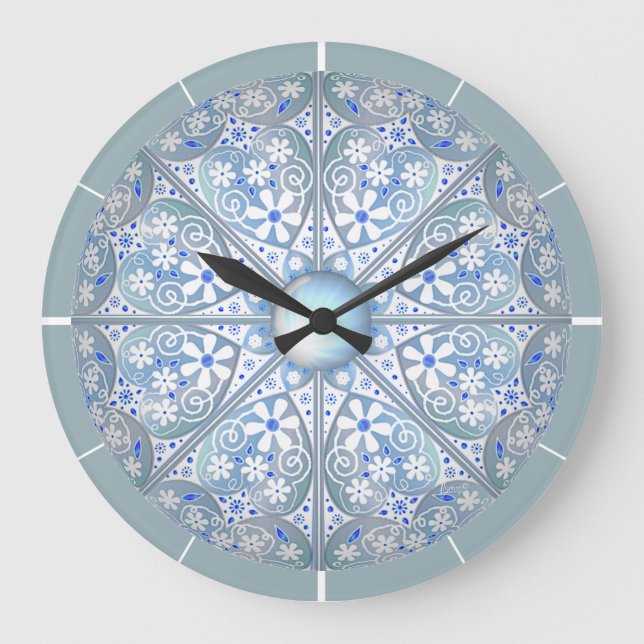 Keramik Lace Light Blue Große Wanduhr (Vorderseite)