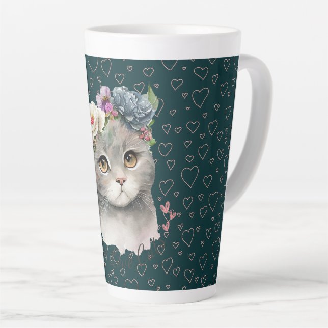Keramik Latte Tasse - Niedliche Katze und Wildblum (Rechte Ecke)