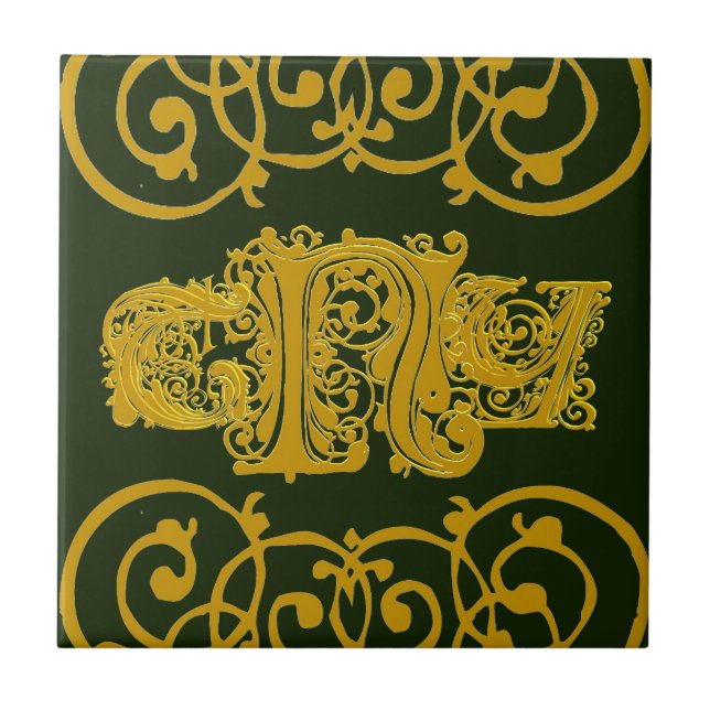 Keramik mit Gold Lacy Monogram Fliese (Vorderseite)