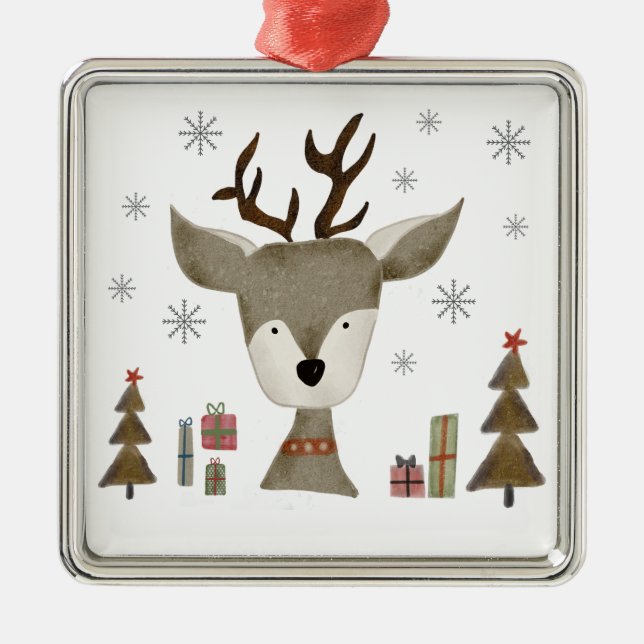 Keramik-Ornament | Antique Reindeer | Aquarell Ornament Aus Metall (Vorne)