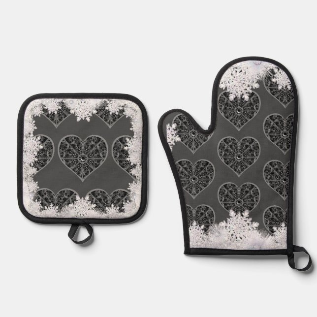 Keramik, schwarz und Schneeflocke Ofenhandschuh & Topflappen-Set (Vorderseite)