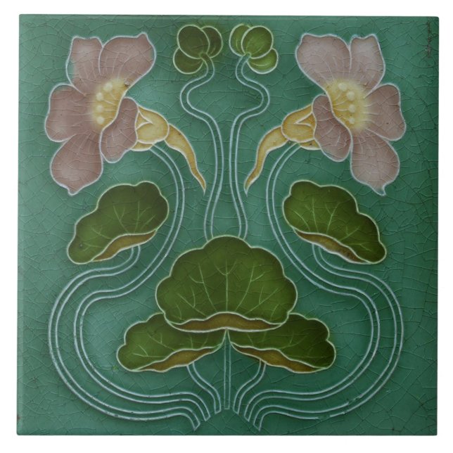 Keramik Tile - Blassrosa Wasserlilie Jugendstil Fliese (Vorderseite)
