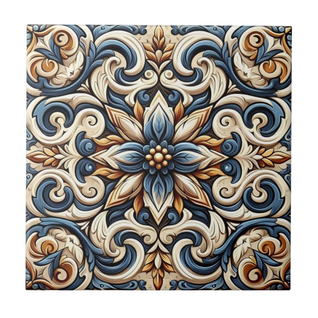 Keramik Tile - Blau, Gold und Weiß Fliese (Vorderseite)