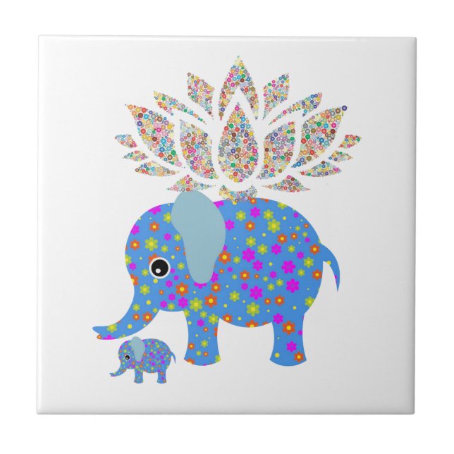 Keramik Tile Blue Elephant Liebe Floral Fliese (Vorderseite)