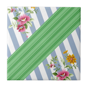 Keramik Tile Blue Strip Floral Fliese