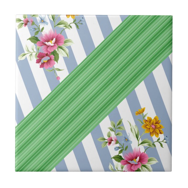 Keramik Tile Blue Strip Floral Fliese (Vorderseite)