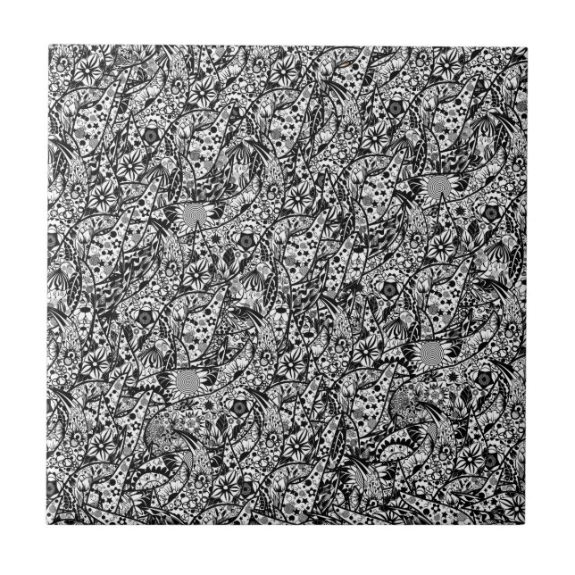Keramik Tile Blume Abstrakt Schwarz und Weiß Fliese (Vorderseite)
