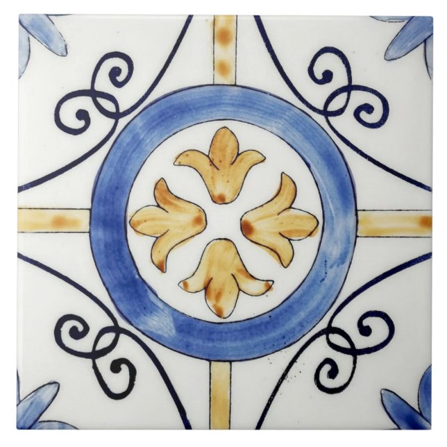 Keramik Tile - Blumendesign Blau und Orange Fliese (Vorderseite)