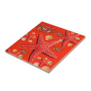 Keramik Tile Crabs, Starfish, Orange Fliese