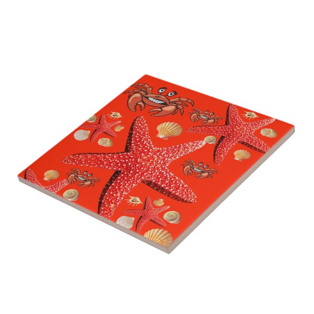 Keramik Tile Crabs, Starfish, Orange Fliese (Seite)