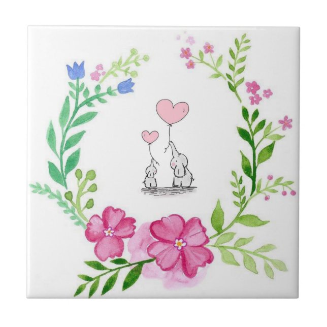 Keramik Tile Elephant Liebe Floral Fliese (Vorderseite)