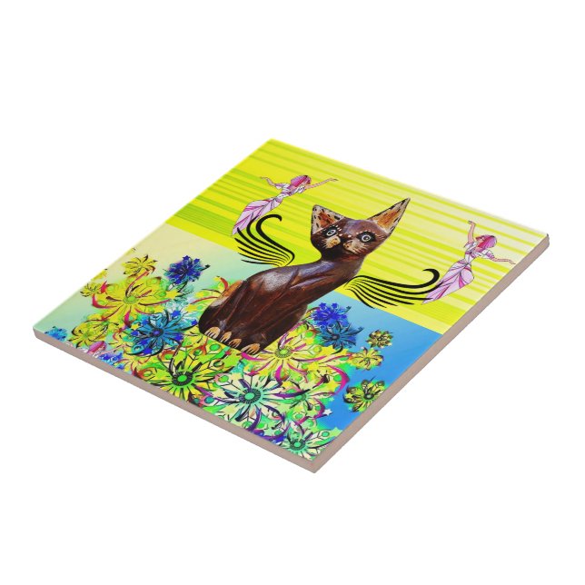 Keramik Tile floral Black Cat Kitten Fairy Fliese (Seite)